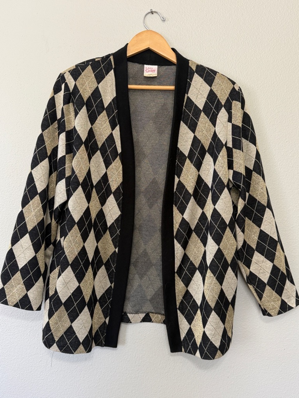 VTG Lady Graff Argyle Open-Front Cardigan‎ Black Gold Size 36 1980’s